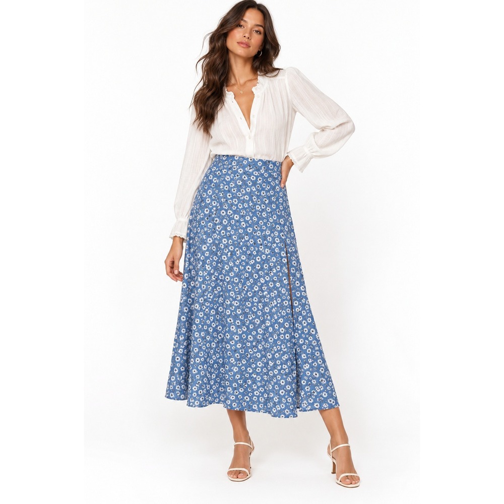 Reformation Zoe Blue White Daisy Floral Midi Skirt Side Slit Size 6 High Waisted